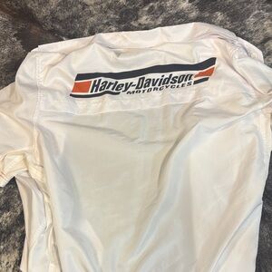 Harley-Davidson White Button-Down Shirt with Black & Orange Logo Stripe